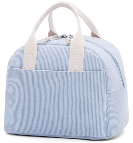 LOVELYWIND Insulated Cloud Blue Lunch Bag for Women, Stylish Corduroy Tote with Aluminum Lining, Large Capacity Reusable Cooler for Work, Travel, Beach or Picnic, Cloud Blue Water-Resistant Lunch Box