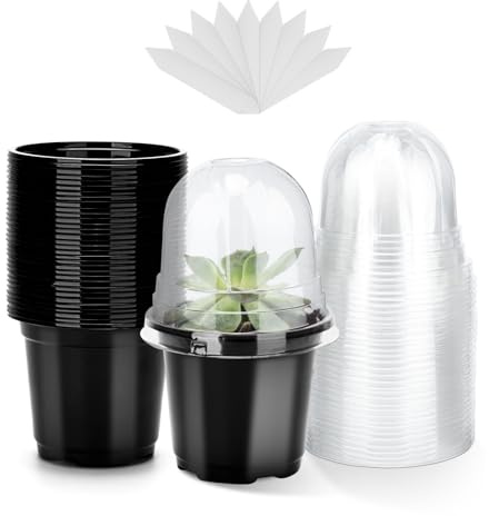 KINGLAKE 10CM Pot pour Semis, 12 Pieces Pot de Fleurs en Plastique, Godet de Culture Rempotage, avec Couvercle Transparent et 10X étiquettes de Plantes, Godet Repiquage Plantation - Noir