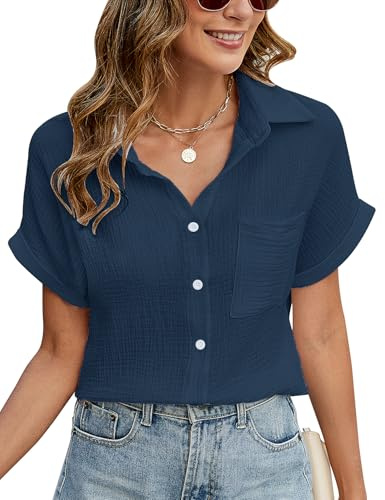 PASUDA Blusa de verano elegante con cuello en V con botones, informal, de algodón, manga corta, blusa básica, solapa, camisa, camisa, camisa, túnica, azul marino, L