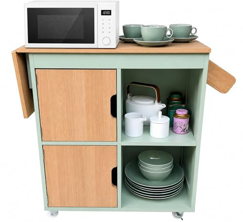 VIVEA FURNITURE Isla de Cocina con Ruedas, Carrito de Cocina de Madera Verde, Mueble Desayunador Pequeño Auxiliar con Encimera Extensible, Armario Móvil para Cafetera y Microondas