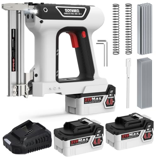 GoYwato 21V Cordless Nail Gun - 18 Gauge 2 in 1 Portable Battery Powered Electric Brad Nailer with 2 x 4.0Ah Batteries & Charger & 1000 Nails & 1000 Staples for Cupboard & DIY Upholstery & Woodworking