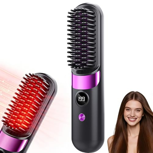 Cordless Hair Straightener Go Brush Pro,Portable Ceramic Heated Hair Straightening Comb with 4 Adjustable Heat Modes & LED Display,USB Rechargeable Hot Brush Hair Styling Tool for Travel & Daily Use