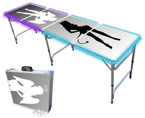 PARTYPONG Standard 8-Foot Folding Beer Pong Table w/HEXCUPs, Beer Pong Balls, Triangle Decals, and LED Lights - Good n Bad Edition