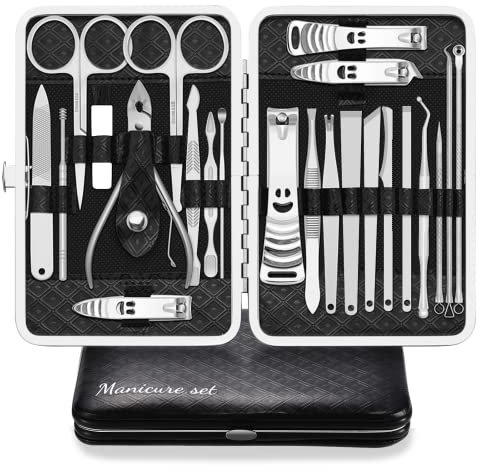 Manicura Pedicura Set 23 PCS Profesional Cortaúñas Acero Inoxidable Grooming Kit Con Estuche De Viaje De Cuero Lujoso (Negro/Plata)