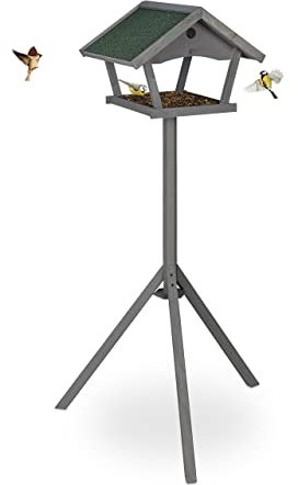Relaxdays Vogelfutterhaus mit Standfuß, Wildvogel Futterhaus, HBT: 139 x 70 x 60 cm, wetterfestes Dach, Holz, grau/grün
