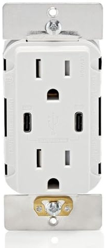 Leviton 60W (6A) USB Dual Type-C/C Power Delivery in-Wall Charger with 15A Tamper-Resistant Outlet, USB Charger for Smartphones, Tablets, Laptops, T5636-W, White