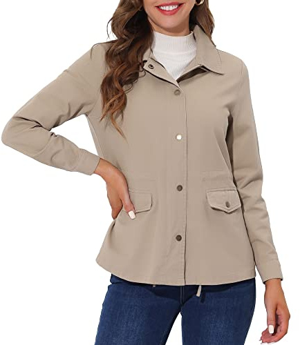 Allegra K Women's Utility Jacket Zip Up Drawstring Waist Snap Buttons Lightweight Anorak Jackets with Pockets Large Light Khaki