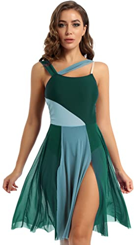 Hansber Women's Adult Mesh Overlay Ballet Contemporary Dance Dress Lyrical Modern Dance Costume Dancewear Green S