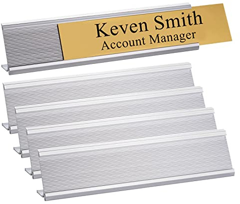 Soporte de aluminio para placa de nombre de escritorio de 2 x 10 pulgadas, soporte de letrero de escritorio de oficina para sala de reuniones u otros eventos de negocios, paquete de 5 (plateado)