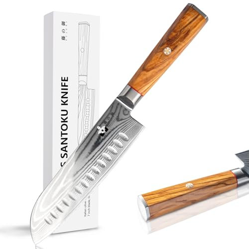 FUJUNI Couteau Santoku, Couteau Lame Damas en Acier Damas 67 Couche VG10 Acier 18 cm Couteaux de Chef avec Manche Ergonomique en Bois d'olivier, Boîte Cadeau