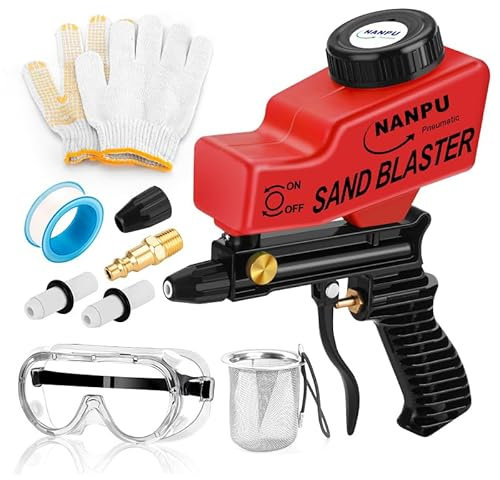 NANPU Luftsandstrahlpistole mit Schwerkraftzufuhr – Keramikdüse, Metallkörper | zum Entfernen von Farbe, Rost und Glasätzen | Vielseitig für Aluminium, Sand, Walnusshaut Muscheln und Soda