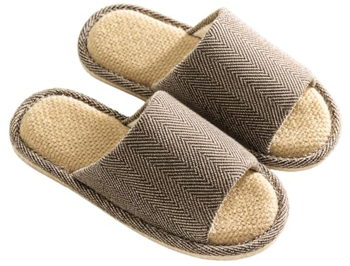 Shengxi Pantoufles de Lin de Coton Pantoufles à Bout Ouvert Lavables Antidérapantes Pantoufles Chaussons Unisexe (Café, Adulte, 44, Numérique (intervalle), Système Taille Chaussures EU, 45, Moyen)
