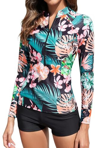 TERODACO Half Zip Women Rash Vest Built in Bra 2 Piece Womens Swim Shorts and Top Set UPF50+ Long Sleeve Ladies Swimsuit Surfing Rash Guard,Quick Dry Soft Stretchy 2404 Green M