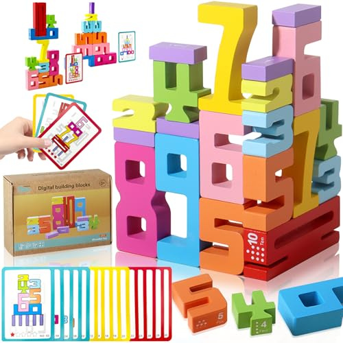 PICKONA Wooden Number Blocks - 20 Piece Number Building Blocks Set with 15 Flashcards for Kids, Creative Montessori Inspired Wooden Building Blocks, Gift for Kids