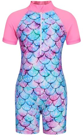 AmzBarley Girls Swimming Costume Kids One Piece Swimsuit Mermaid Swimwear Zipper Swimsuits Short Sleeve Surfing Rash Guard Pink Age 9-10 Years Size 140
