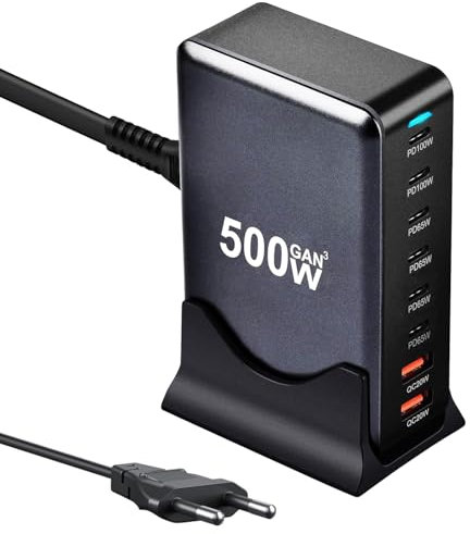 Caricabatterie USB C 500W, Caricatore Rapido 8 in 1 a Spine Multiple【2PD100W+4-PD65W+2QC3.0USBA】, Stazione di Ricarica Alimentatore GaN III PPS, Compatibile con MacBook Pro/Air/iPad/iPhone/Samsung