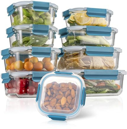 AILTEC Genicook Frischhaltedosen aus Glas, mit verbessertem Schnappverschluss, luftdichte Lunchbehälter, Mikrowelle, Backofen, Geschirrspüler, Türkis, 18 Stück
