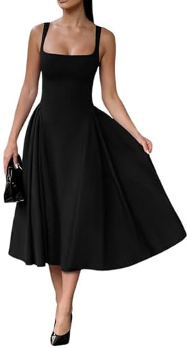 Spaghetti Strap Low Cut Bustier Off The Shoulder Dress, Sleeveless Corset Fit Midi Dress, Boho Summer Elegant Sexy A-Line Dresses (Black,M)