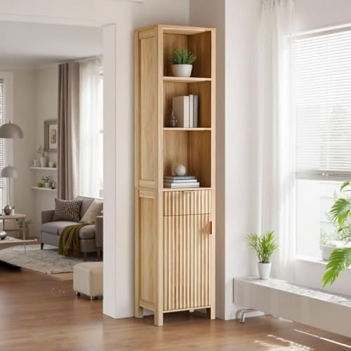 Bonnlo Badezimmerschrank Schmal Badezimmerschrank Hoch Badschrank Schmal mit 1 Türfach 1 Schubladen & 3 offene Regalen, Hochschrank 39x29.5x173cm (39 X 29.5 X 173 cm)