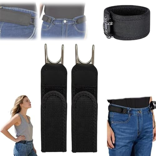 AddLuck 2Pcs Metal Hook Elastic Belt,No Buckle Belts for Men Women,Buckless Belts,Adjustable Side Belt for Men Women Work Casual Business Travel Commuting,Easy To Use (2Pcs,Black)