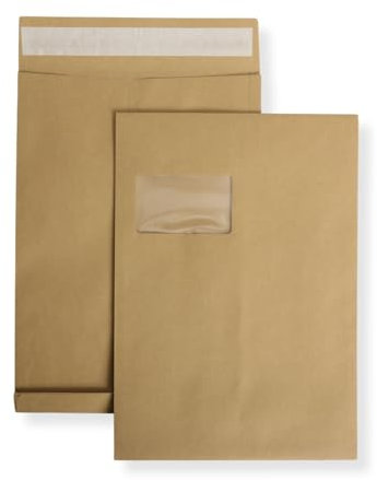 750 St. DIN C4 Faltenversandtaschen mit Fenster braun Stehboden und 20 mm Falte 130 gr. Kuvert 229x324x20 mm Haftklebend Briefumschläge HK Briefhüllen