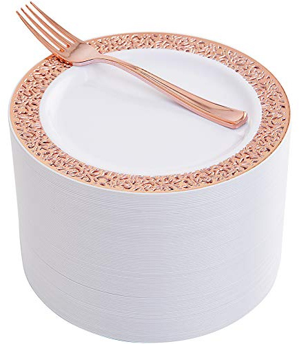 WDF 200 Pieces Rose Gold Dessert Plates with Forks, 100Pcs Lace Design Cake Small Rose Gold Appetizer Plates 7.5 and 100 Pcs Forks 7.4 for Wedding/Party