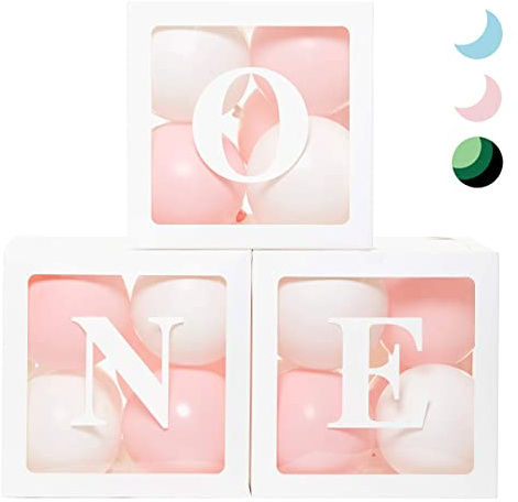 First Birthday Decorations Balloon 'ONE' Boxes for Baby Girl - 24 Balloons - Baby 1st Birthday Girl Decoration, Clear Cube Blocks 'ONE' Letters as Cake Smash Photoshoot Props Backdrop | 1 Year Old
