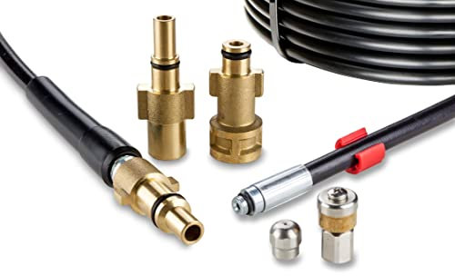 Desatascador de Tuberias para Hidrolimpiadora 15m, 200 bares - Manguera de Limpieza compatible con Bosch, Black+Decker, Nilfisk, Makita - Boquilla Fija, Boquilla Giratoria KNOFER