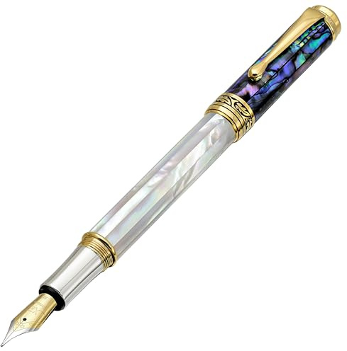Xezo Maestro stylo plume, plume moyenne. Nacre blanche iridescente d'origine océanique et coquille de Pāua. Plaqué or 18 carats et platine pur. Aucun n'est identique