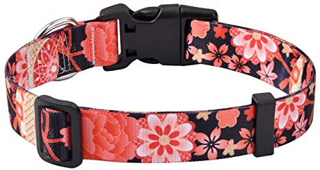 Mihqy Dog Collar for Large Dogs, Floral Design, Floral Red Flower A,L | Neck Fit 14.9-24.8, Multiple Patterns,4 Sizes for Small Medium Large Dogs, Comfortable for Walks and Outdoor Hikes