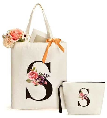 Aucuu Borsa per il trucco personalizzata, borsa cosmetica in tela con lettere, organizer da viaggio, regalo di compleanno perfetto per mamma e migliore amica, borsa cosmetica per sposa damigella