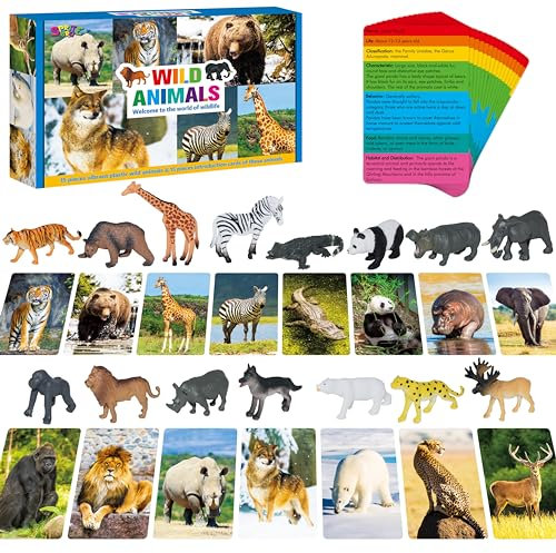 15 PCS Safari Animal Figurines with 15 Introducing Flashcards, Realistic Zoo Animal Figures Montessori Toys Science Educational Matching Game for Homeschool Preschool Toddler Kids