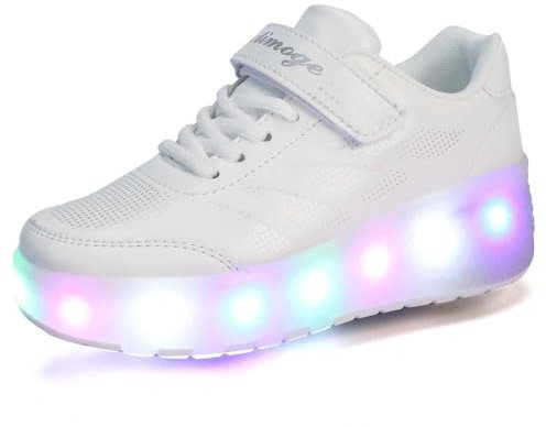 HUSKSWARE Junge Schuhe mit Rollen, 2-in-1 Kinderschuhe,Glühende Rollschuhe, Skateboardschuhe, Sneakers Weiß 32EU