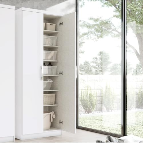 Armadio con MENSOLE Marga, Armadio a Due Ante e 6 Ripiani Multiuso in Bianco, 61 x 180 cm, Armadio portascarpe Alto Economico