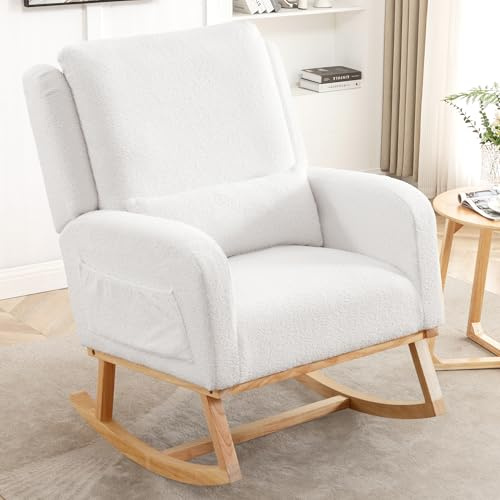 HCHAIRH Rocking Chair Nursery, Sherpa Nursing Rocking Chairs, Upholstered Nursery Glider Rocker Wingback Morden Rocking Chair with Lumbar Pillow for Mom Nursery, Living Room, Bedroom, Teddy White