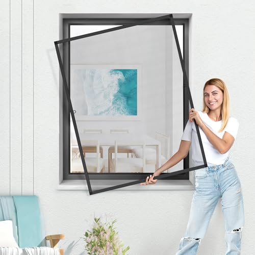 Jalousiecout Mosquitera para Ventanas, Protección contra insectos, SlimLine Mini mosquitera sin taladrar, con marco de sujeción de aluminio, Recortable al Tamaño Deseado, 80 x 130 cm, Antracita