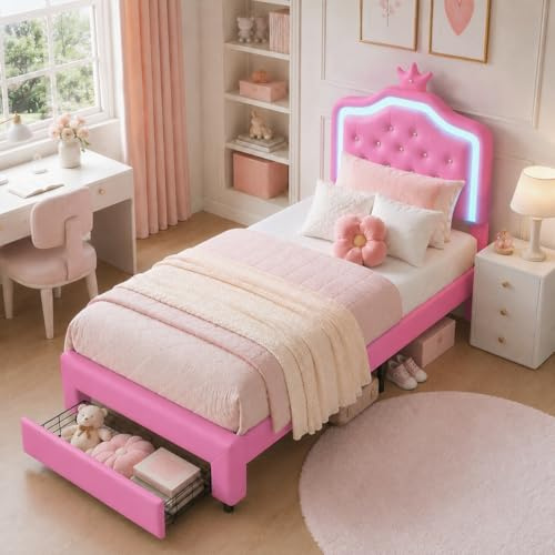 KSFASHZ Barnsäng 90 x 200 cm Vadderad Rosa säng för Flickor, PU Stoppad sängar med låda och LED, Enkelsängar med ribbotten och justerbar sänggavel