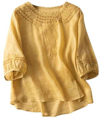 Générique Chemisier Coton et Lin Manches Courtes pour Femme Blouses Ample Col Rond Tunique D'été Bohème Folklore Haut Brodé en Coton et Lin à Manches Trois-Quarts T-Shirts Fantaisie D'Été à Col en V