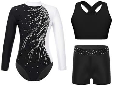 iiniim 3 delar, flicka gymnastikdräkt, glitter, gymnastikdräkt, långärmad balettdräkt, gymnastik, leotard + sport-bh, toppar + shorts, gymnastiktröja, konkurrens, danskostym