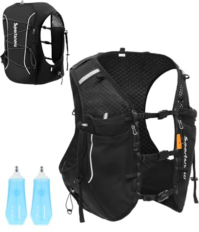 sportsnew Running Hydration Vest for Men Women, Breathable Hydration Backpack for Trail Running Cycling Hiking Marathon (Black with 2 x 500ML Soft Flask, S/M: Chest 28''-34'')