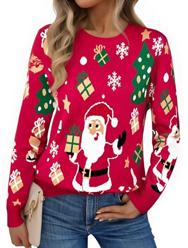 Aseniza Jersey Navidad Mujer Suéter de Punto Manga Larga Jerseys Navideños Ugly Christmas Sweater Invierno Cuello Redondo Patrón de Fawn