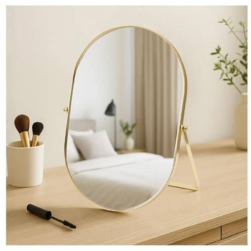 JF HOME BLISS Makeup Table Mirror Portable Single-Sided Swivel Tabletop Mirror for Vanity Dresser Living Room Bedroom Office (Oval Gold)