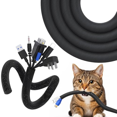 Protecteur De Câble 3M Anti-Morsure pour Chien Et Chat – Gaine Cache Câble Noir 9,5mm, Manchon Tressé pour Gestion des Fils TV, Ordinateur, USB, Audio, Vidéo, avec 8 Serre-Câbles