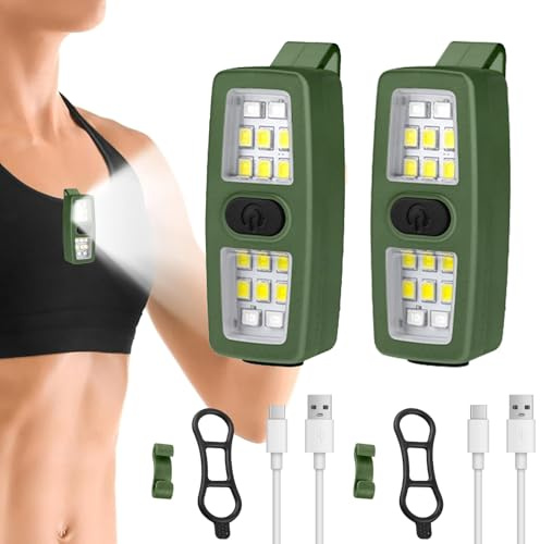 2 PCS Lampe Pectorale Running, Lampe Course a Pied Poitrine, Lumière Running à Clip avec 7 Modes d'Éclairage, Lampes pour Courir de Nuit, USB Rechargeable, pour Randonnée, Jogging, Camping (Vert)
