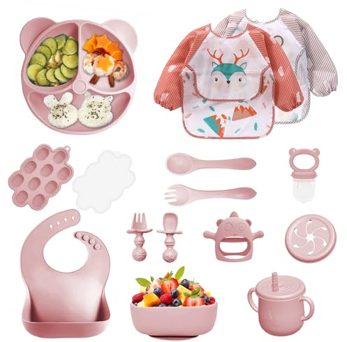 Vajilla Bebe Silicona, 14 Piezas Vajilla de Silicona para Bebés Antideslizante, Cubiertos Bebe para Comer Destete, Con Baberos Taza Plato Cuenco, Juegos de Vajilla Bebe, Sin BPA (Rosa claro)
