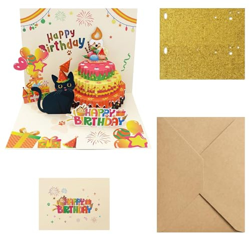 Litinliv Carte Anniversaire, Carte D'anniversaire Pop-up 3D avec Lumière de Chat Cool et Musique, Cadeau D'anniversaire pour Enfants, Hommes, Femmes, Hommes, Filles, Garçons et Amoureux des Chats