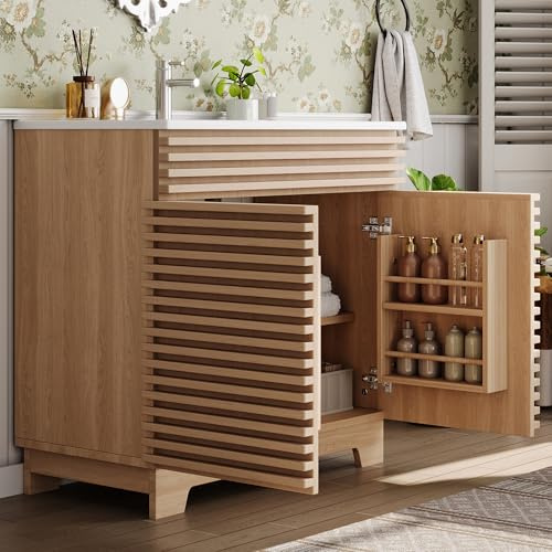 Tocador de baño independiente, armario de doble puerta con bisagras de cierre suave, estantes integrados, puntales horizontales 3D y patas altas de armario, lavabo integrado, natural, 91 x 46 x 86,5