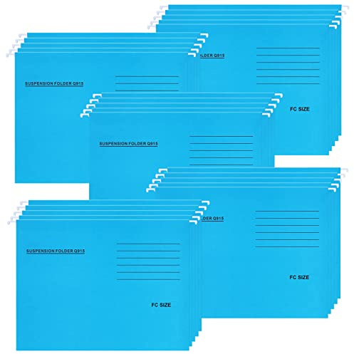 Foolscap Suspension Files, 25 Pcs Recycled Card Filing Cabinet Dividers with Tabs and Card Inserts, FC Size Hanging Files Storage Folders for Office and School, Light Blue
