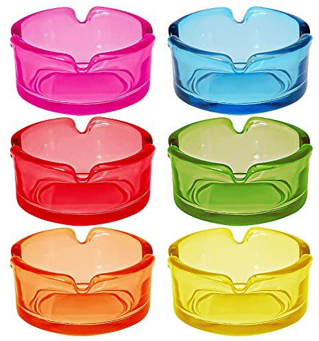 Murago - 6 Stück Glas Aschenbecher je ca. 7,5cm x 3,5cm bunt - kleine Mini Zigaretten Tischascher rund mit Ablagefläche für Gastronomie