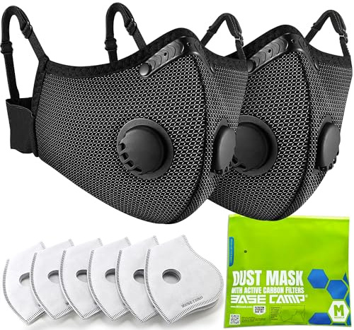 BASE CAMP Upgrade M Plus Dust Mask, Breathable Reusable Dust Face Mask with 6 Activated Carbon Filters, Air Filtration Mask for Smoke Dust Grinding Sanding Sawing Sweeping (2 Silver)